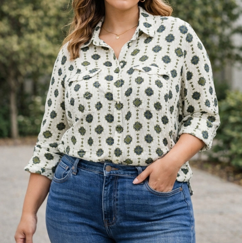 Ricki’s Geometric Print Button-Down Blouse Long Sleeve Pocket Front Top